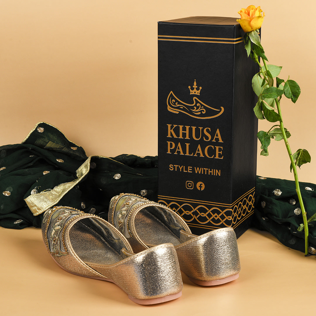 Tehzeeb – Handcrafted Gold Khusa with Soft Comfort & Embroidered Elegance