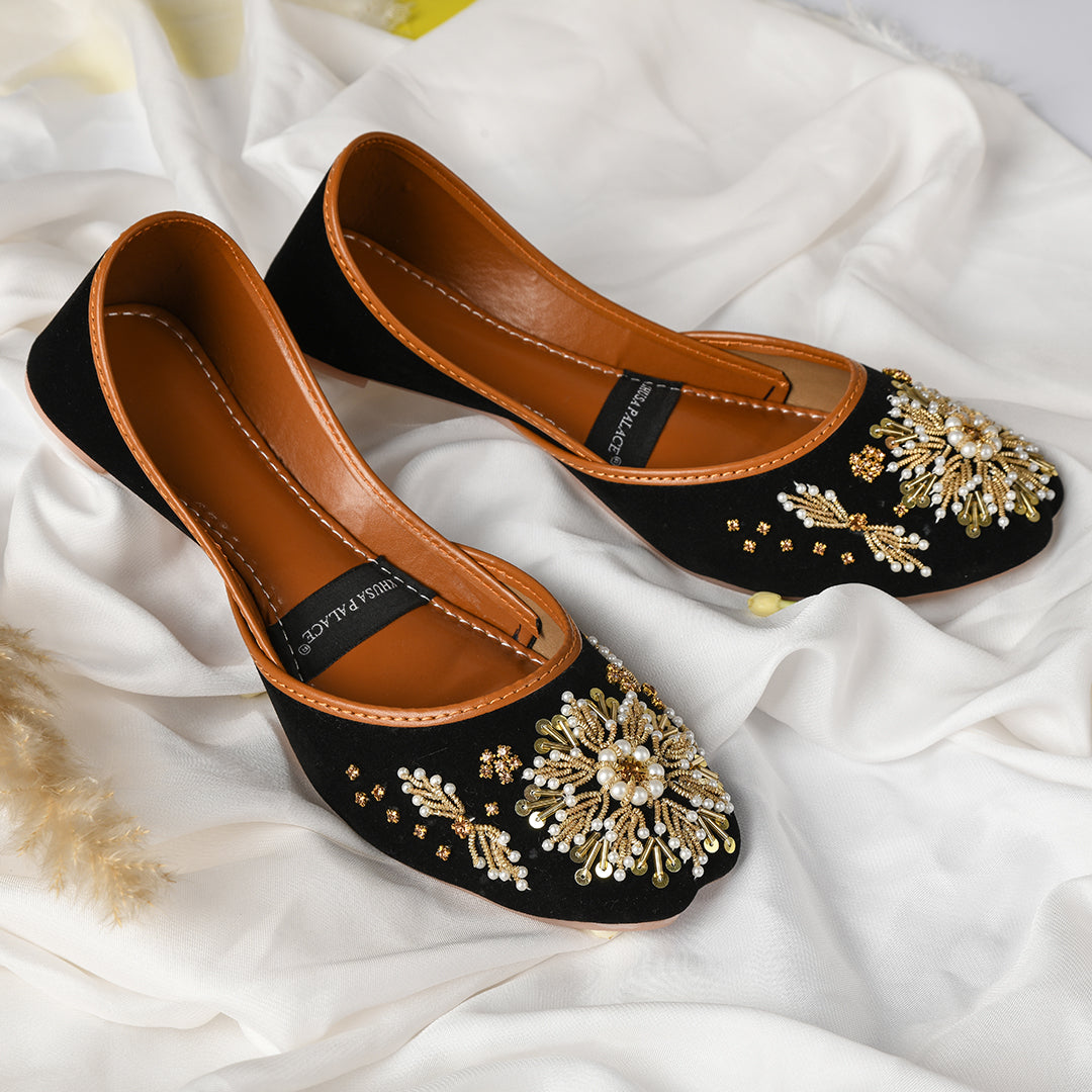 Kohinoor – Black Velvet Khusa with Pearl & Golden Hand Embroidery