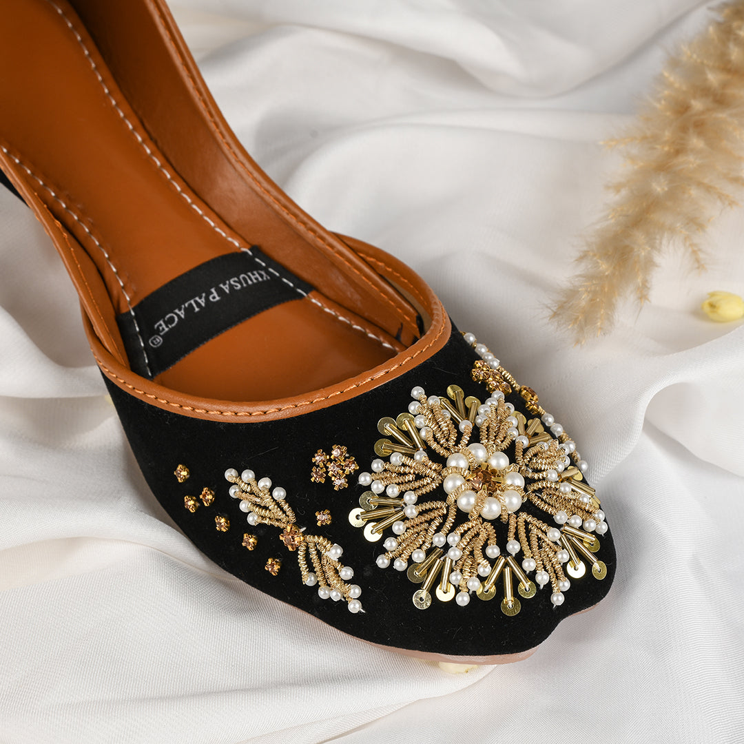 Kohinoor – Black Velvet Khusa with Pearl & Golden Hand Embroidery