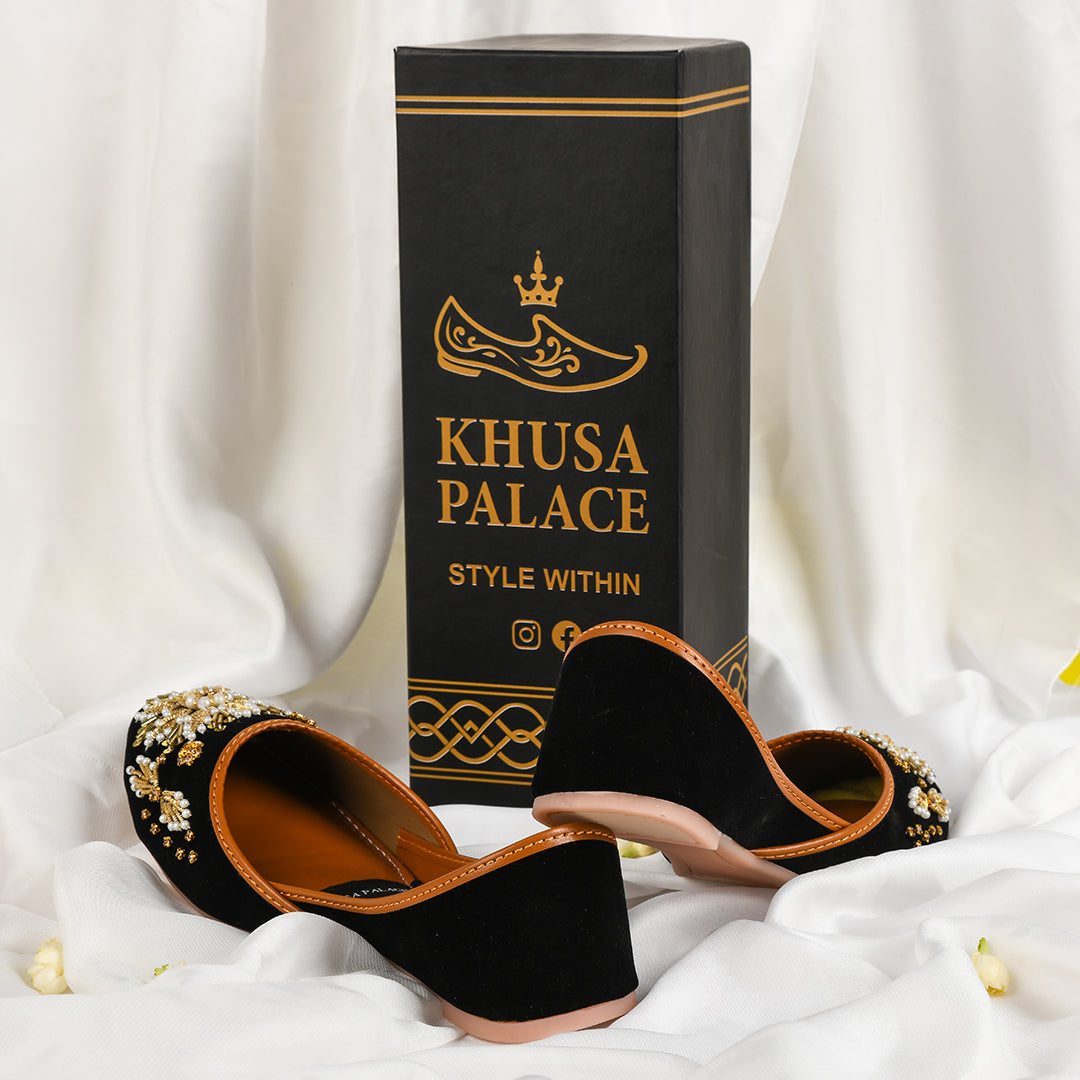 Kohinoor – Black Velvet Khusa with Pearl & Golden Hand Embroidery