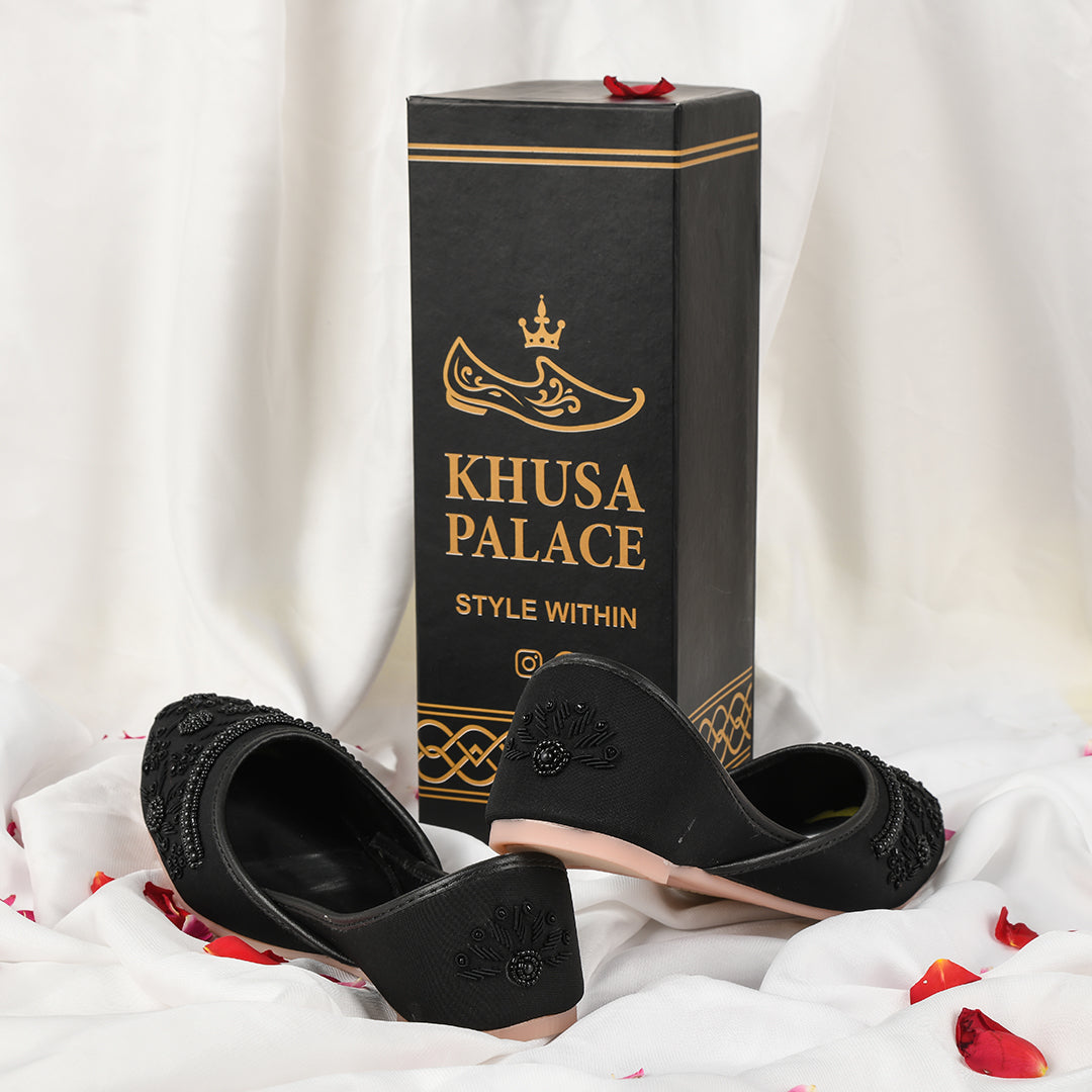 Black Rose Rozz – All-Black Sofa Satin Khusa with Handcrafted Detailing