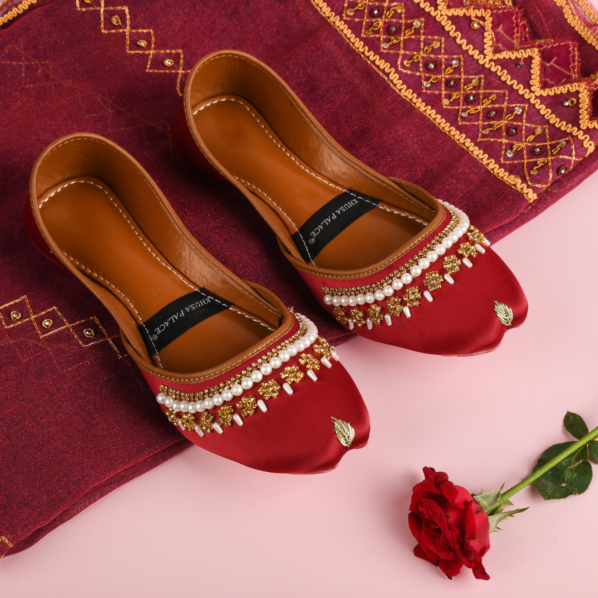 Red Hand Embroidered Leather Khussa Shoes with Pearl and Gold Detailing for Women – Traditional Footwear from Pakistan